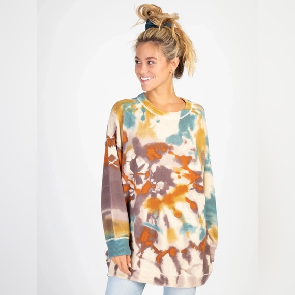NATURAL LIFE Sweaters - NATURAL LIFE Multicolor Tie-Dye Cowl Sweater - Cream, Teal, Rust, Brown